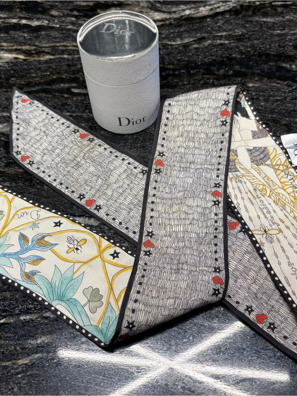 Dior Silk Twilly with Grey, Black, Red, Cream, Gold Accents